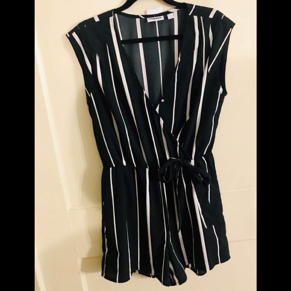 Flattering black & white striped  faux wrap romper